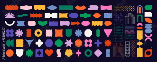 Retro brutalist shapes. Geometric basic figures of swiss 70s 80s style, abstract postmodern primitive figures bauhaus contemporary symbols. Vector minimal set