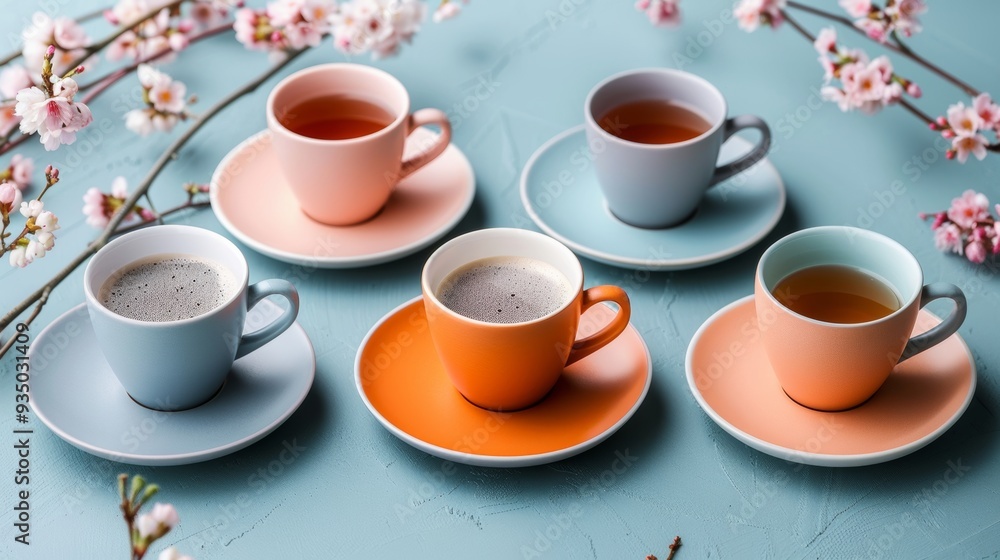 Five Teacups and Coffee Cups in Pastel Colors on a Blue Background with Spring Flowers Five Teacups and Coffee Cups in Pastel Colors on a Blue Background with Spring Flowers