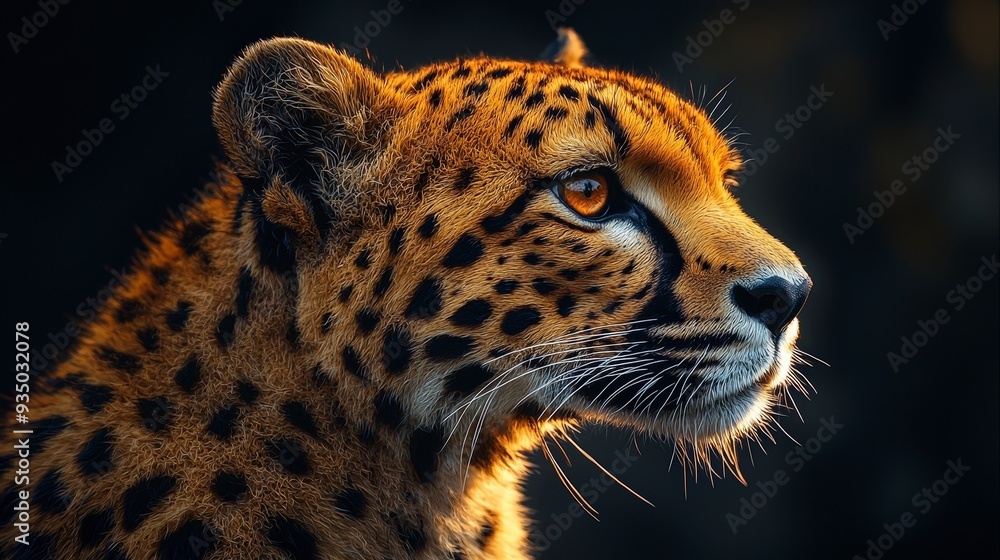 Obraz premium A close-up portrait of a cheetah looking to the right. The cheetah's fur is a beautiful golden brown with black spots. The cheetah's eyes are bright and alert. The background is dark.