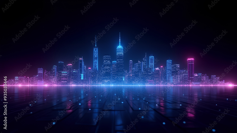 Obraz premium This eye-catching digital artwork features a neon-lit city skyline in wire form with a futuristic background