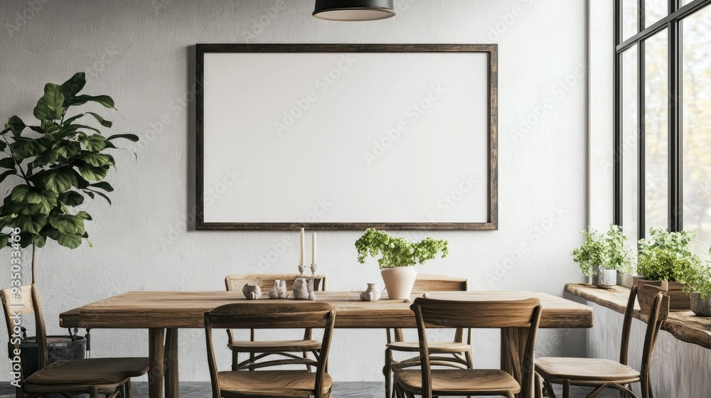 Frame mockup in farmhouse dining room interior, 3d render Frame mockup in farmhouse dining room interior, 3d render