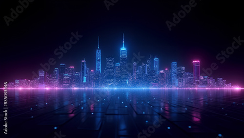 This eye-catching digital artwork features a neon-lit city skyline in wire form with a futuristic background