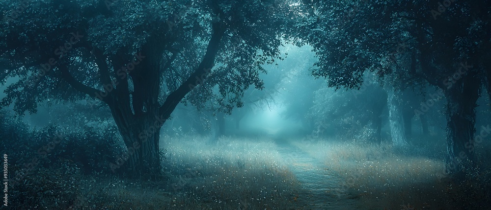 Enchanting Art Nouveau inspired haunted forest with elegant twisted trees shrouded in mist and a captivating moody atmosphere for photography concepts with ample copy space for text overlays Enchanting Art Nouveau inspired haunted forest with elegant twisted trees shrouded in mist and a captivating moody atmosphere for photography concepts with ample copy space for text overlays