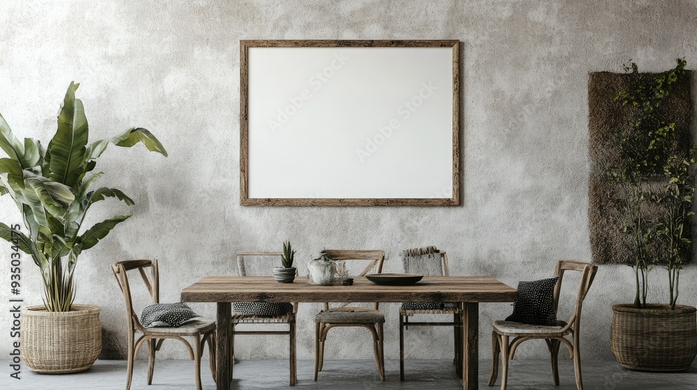 Frame mockup in farmhouse dining room interior, 3d render Frame mockup in farmhouse dining room interior, 3d render