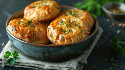 A bowl of crispy fried pies on a linen napkin, reflecting a cozy, homemade snack with traditional, culinary appeal.