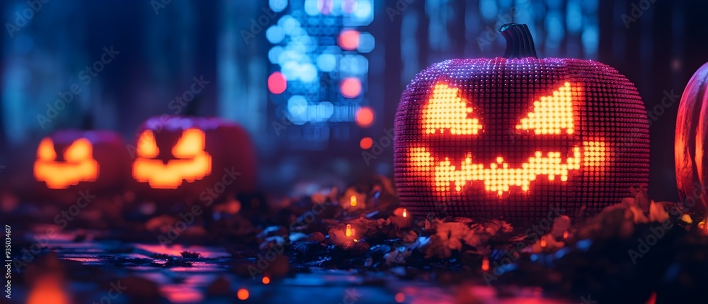Eerie Video Game Inspired Halloween with Glowing Pixelated Designs and Neon Lights Photography Concept with Spooky Supernatural Atmosphere and Ample Copy Space for Text Overlay Eerie Video Game Inspired Halloween with Glowing Pixelated Designs and Neon Lights Photography Concept with Spooky Supernatural Atmosphere and Ample Copy Space for Text Overlay