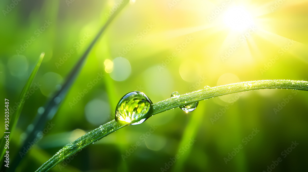 Dew on green leaves in the spring morning