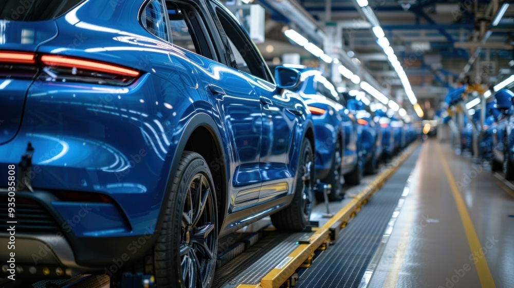 Modern car mass production assembly line in a busy factory Modern car mass production assembly line in a busy factory
