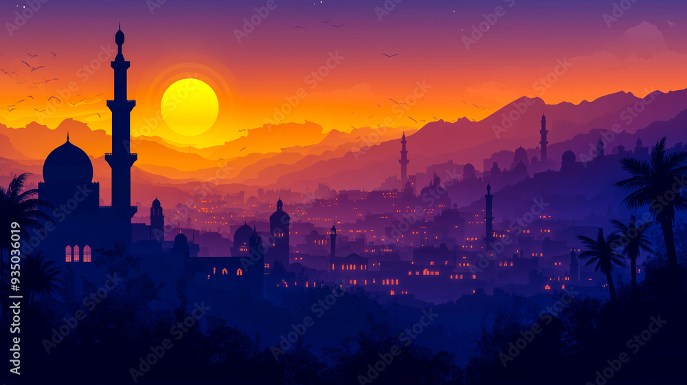 Naklejka premium Arabian cityscape, Mosque and house silhouettes. Night city buildings. Old Makkah and sundown mountains. Vector urban panorama card