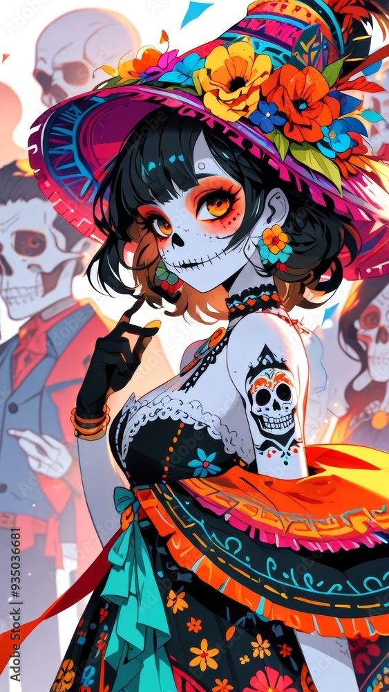 Manga people wearing vibrant costumes and intricate makeup gather together to celebrate El Día de Muertos. Manga people wearing vibrant costumes and intricate makeup gather together to celebrate El Día de Muertos.