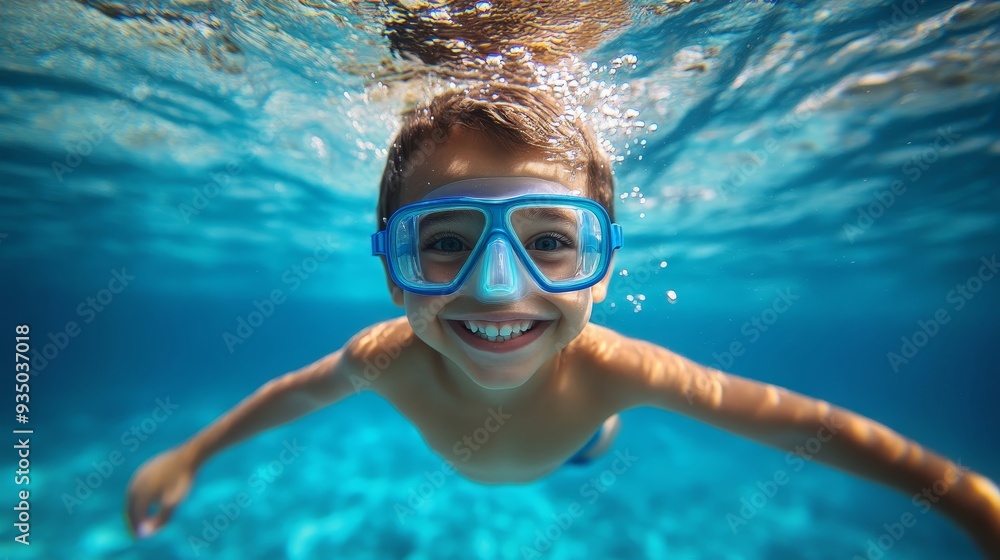Fototapeta premium A joyful boy swims underwater, wearing blue goggles, showcasing a moment of fun and adventure in a vibrant aquatic environment.
