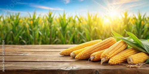 Corn cobs on wooden table against corn field background, corn, cobs, wooden table, field, agriculture, farm, harvest, organic, fresh
