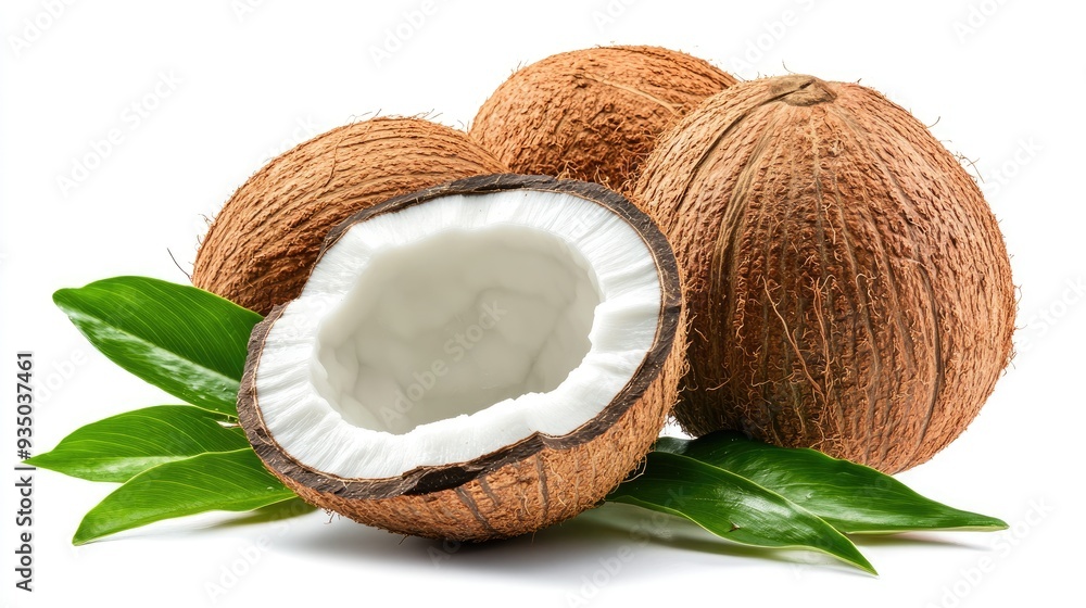 Fresh ripe coconuts with leaves isolated on white background Fresh ripe coconuts with leaves isolated on white background