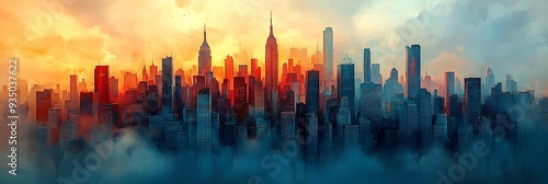 Panel kuchenny z motywem Abstract Landscape of RetroMetropolis sprawling cityscape mural blend of vintage sepia tone modern electric blue abstract building rise jagged nonlinear form hint of pastel pink muted teal adding