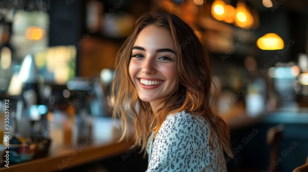 A young woman smiling radiantly in a cozy cafe setting, embodying joy and warmth with a bright atmosphere. A young woman smiling radiantly in a cozy cafe setting, embodying joy and warmth with a bright atmosphere.