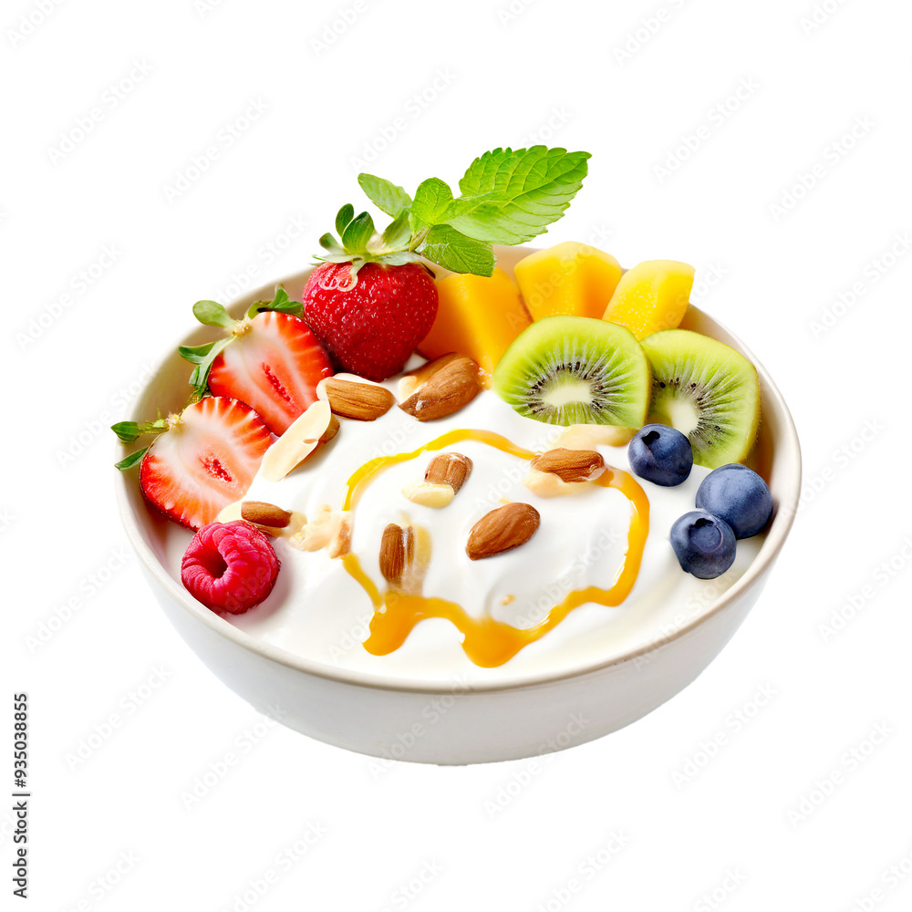Fresh fruits in yogurt bowl with caramel isolated on white background Fresh fruits in yogurt bowl with caramel isolated on white background