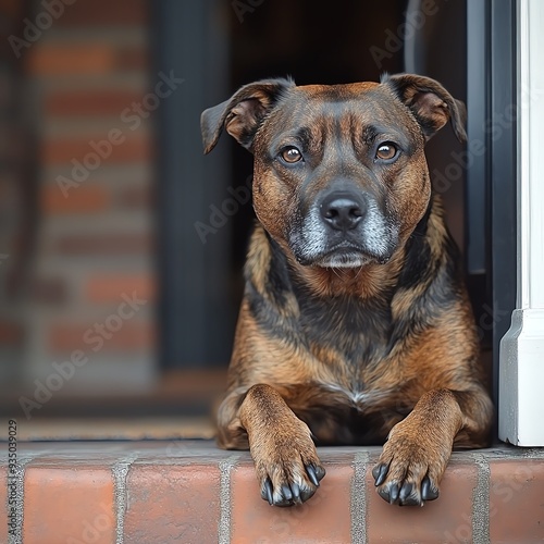 Affectionate mutt sitting alert by the front door, ready to protect its home while showing love to its family, loyal watchdog, caring guardian