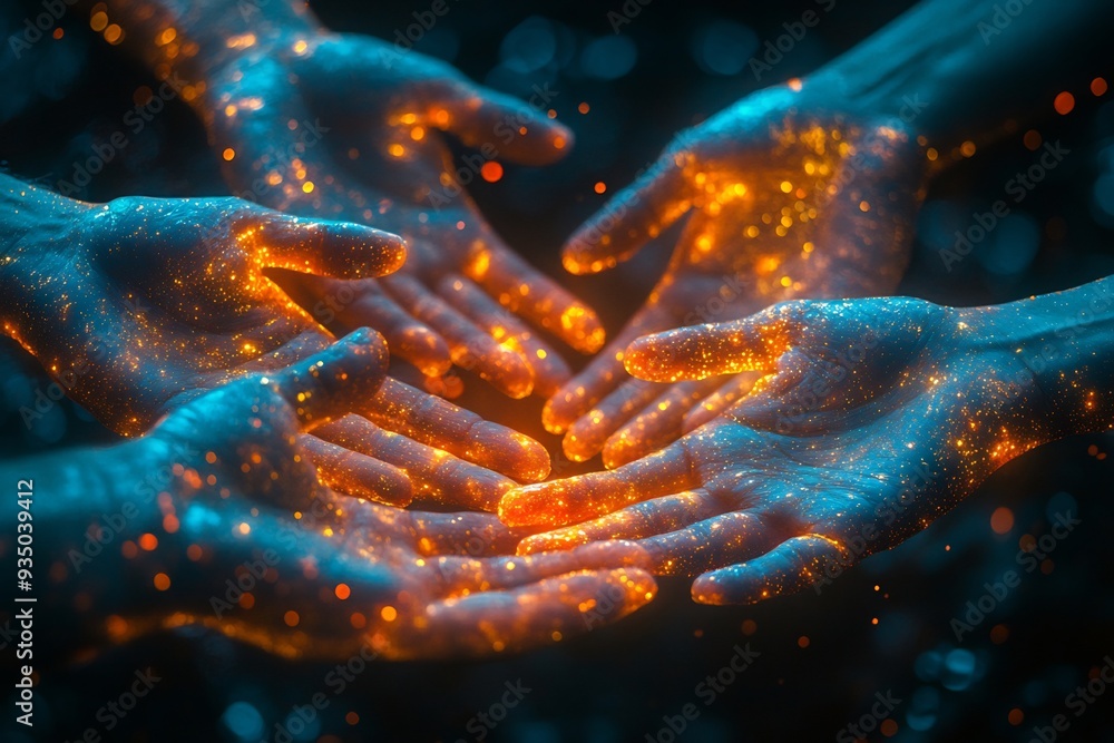 Abstract Multicultural Connection surreal image of diverse hand reaching out connect abstract space filled glowing line shape Each hand represented different color style symbolizing strength of Abstract Multicultural Connection surreal image of diverse hand reaching out connect abstract space filled glowing line shape Each hand represented different color style symbolizing strength of