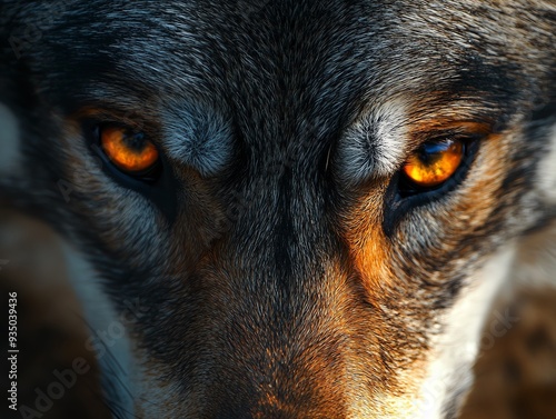 Closeup of a hound with striking wolflike eyes, highlighting the blend of wild and domestic, housepet characteristics, wolf ancestry photo