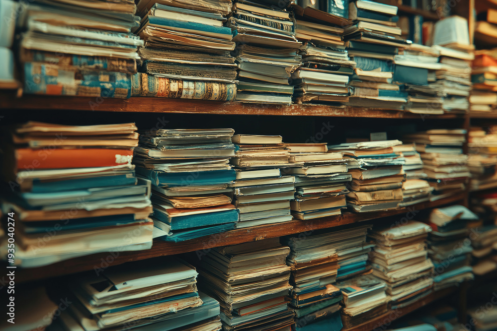 A close-up of shelves filled with books, each one slightly crumpled and worn by the passage of time. Created with Ai A close-up of shelves filled with books, each one slightly crumpled and worn by the passage of time. Created with Ai