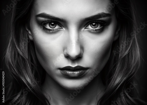 Intense, high-contrast black and white close-up portrait of a woman's face, featuring prominent facial features, deep eyes, and subtle, enigmatic facial expression.