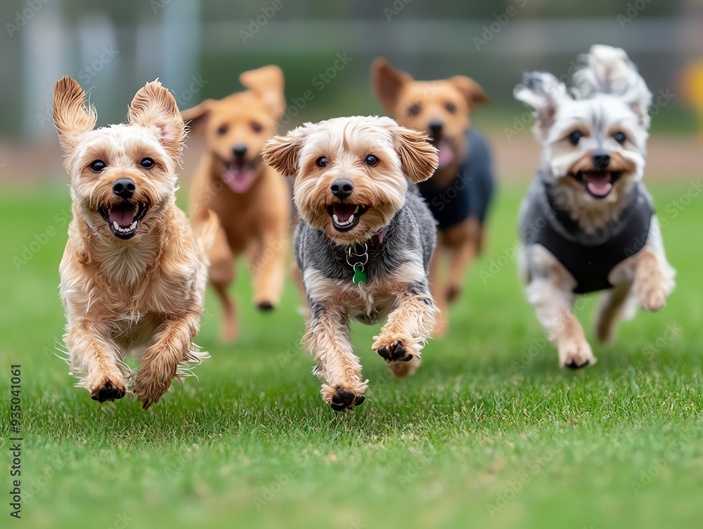 Group of dogs playing together in a socialization class, canine behavior, group training Group of dogs playing together in a socialization class, canine behavior, group training