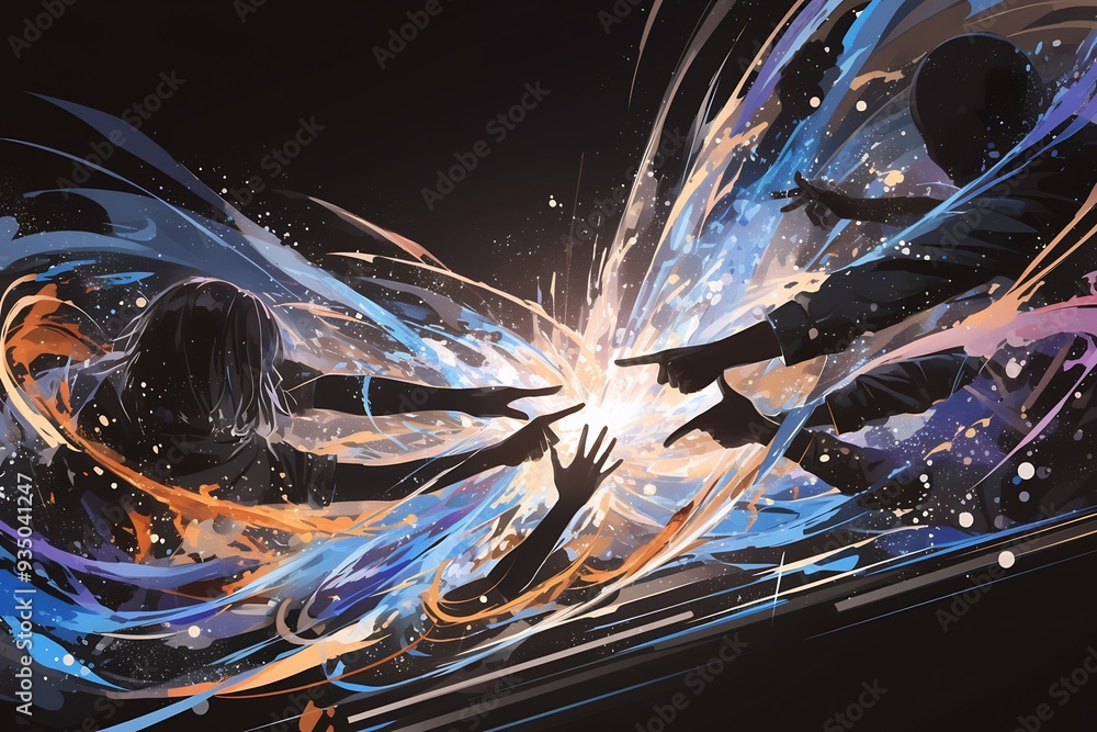 Abstract Multicultural Connection surreal image of diverse hand reaching out connect abstract space filled glowing line shape Each hand represented different color style symbolizing strength of Abstract Multicultural Connection surreal image of diverse hand reaching out connect abstract space filled glowing line shape Each hand represented different color style symbolizing strength of