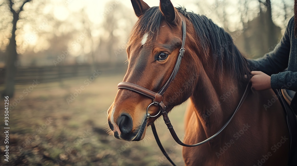 Obraz premium Horse calmly standing while being groomed by its owner, showcasing trust and training, equine behavior, interaction and care