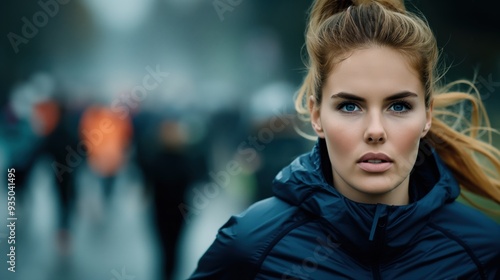 Cinematic shot, shot of a Caucasian female athlete running fast