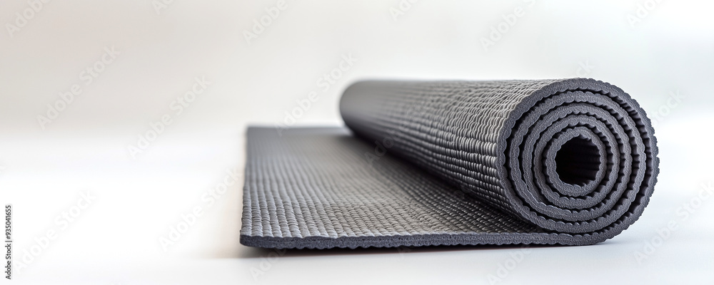 A twisted gray yoga mat. White background, empty space for text. A twisted gray yoga mat. White background, empty space for text.