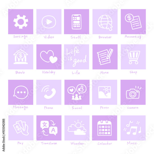 A unique set of hand-drawn purple icons, perfect for enhancing mobile, tablet, and app designs with a romantic, artistic touch and universal versatility