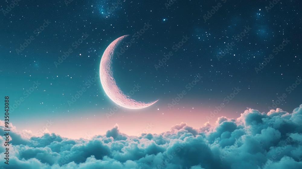 Banner Of Bright Glowing Crescent Moon Above Fluffy Clouds With Starry Sky Background with generative ai Banner Of Bright Glowing Crescent Moon Above Fluffy Clouds With Starry Sky Background with generative ai
