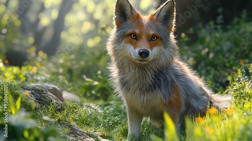 Mutt with foxlike markings and a mischievous expression, exploring a mystical woodland, creature exploration, wild essence photo