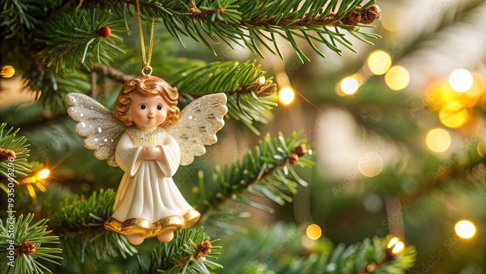 Obraz premium Angel figure ornament hanging in a Christmas tree, Christmas, decoration, festive, holiday, ornament, angel, figure, wings