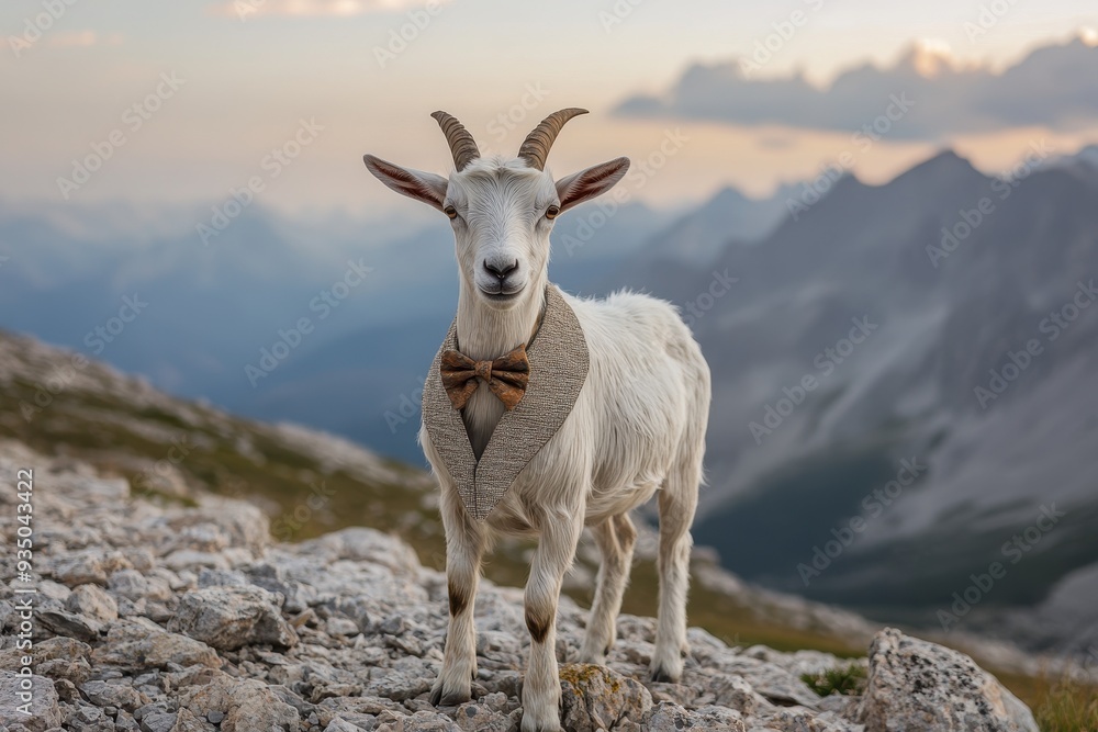 Naklejka premium Dapper Goat: A goat in a bow tie and vest, standing on a rocky mountain path.