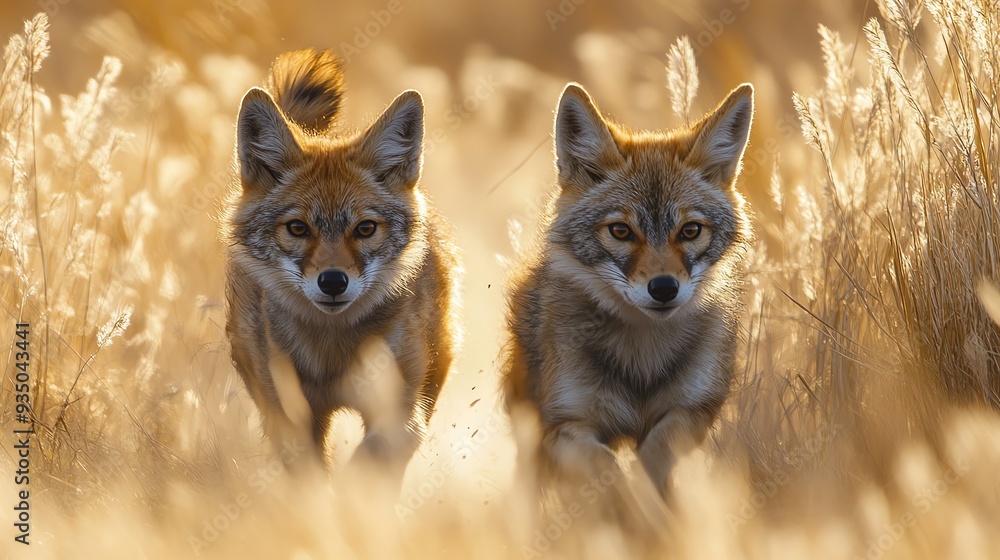 Pup and jackal playfully chasing each other through tall grass, playful partners, wild companionship Pup and jackal playfully chasing each other through tall grass, playful partners, wild companionship