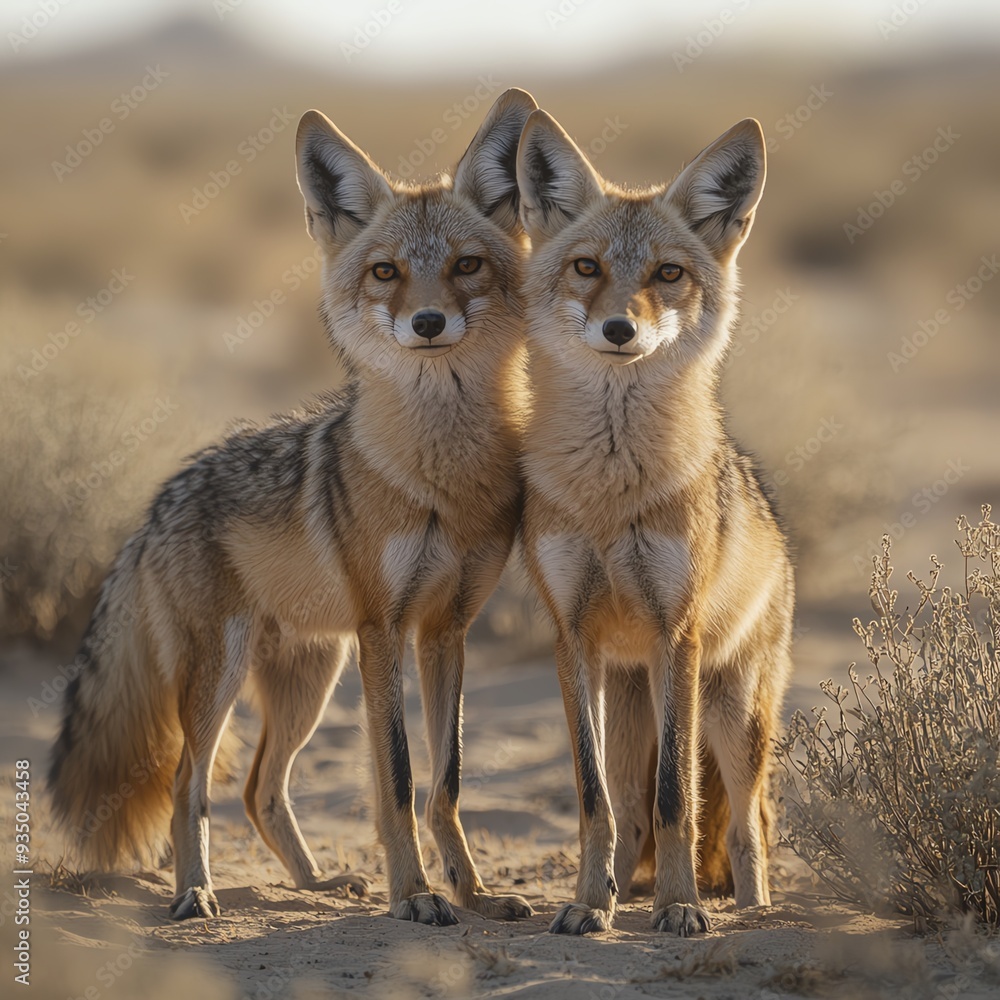 Pup and jackal standing side by side in a desert landscape, symbolizing a unique partnership, wild and tame duo, unusual partners Pup and jackal standing side by side in a desert landscape, symbolizing a unique partnership, wild and tame duo, unusual partners