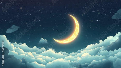 Banner Of Bright Glowing Crescent Moon Above Fluffy Clouds With Starry Sky Background with generative ai