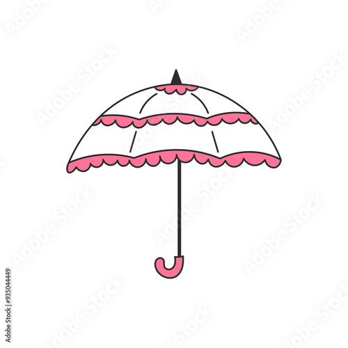 Coquette Vintage Umbrella. Elegant women's parasol with pink frill. Female chic fashion accessory in hand drawn doodle style. Outline vector illustration