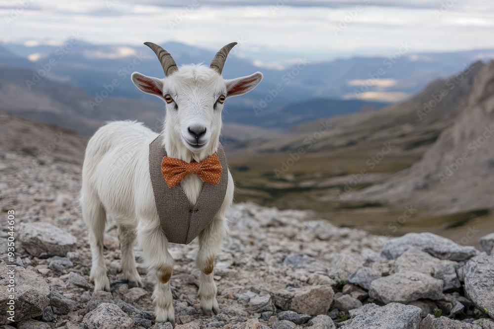 Obraz premium Dapper Goat: A goat in a bow tie and vest, standing on a rocky mountain path.