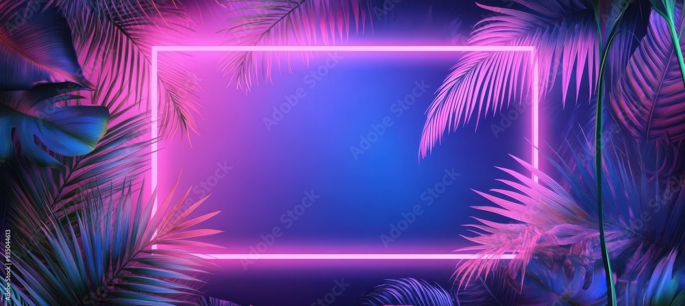 Tropical Neon Background with Palm Leaves Tropical Neon Background with Palm Leaves