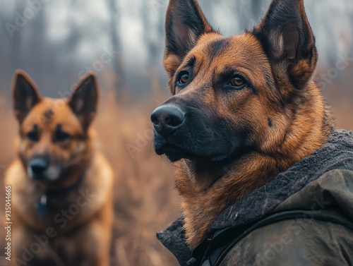 Purebred dog standing closely by its owner s side, ready to defend at a moment s notice, loyal defender, protective proximity photo