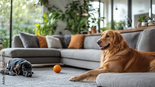 Retriever fetching a ball in a spacious living room while a hound watches calmly, active household, pet interaction photo