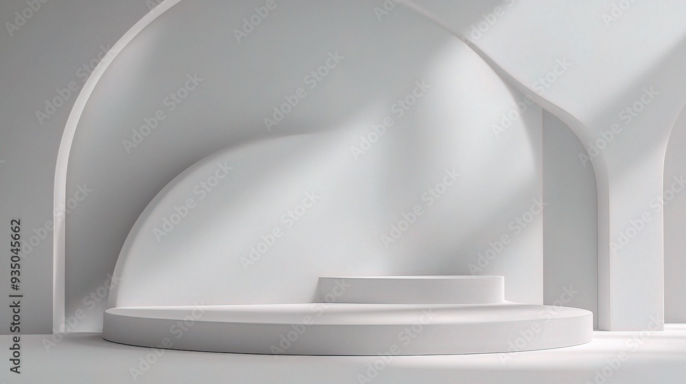 Fototapeta premium Minimalist White Podium: A modern and sleek white podium with soft lighting, perfect for showcasing products, branding, or displaying your latest creations. 