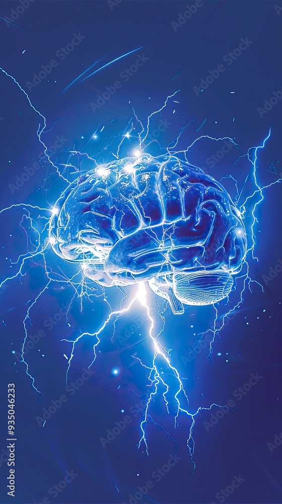 Human brain digital illustration. Electrical activity, flashes and lightning on a blue background Human brain digital illustration. Electrical activity, flashes and lightning on a blue background