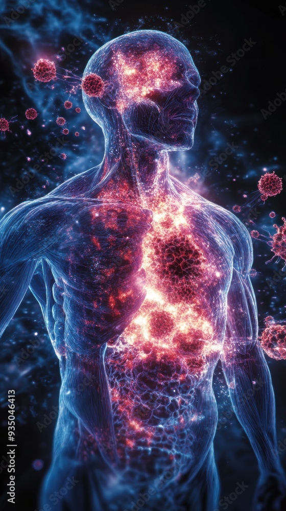 A detailed cross-section of the body illustrating metastasis, with innovative laser treatments actively targeting cancer cells. A detailed cross-section of the body illustrating metastasis, with innovative laser treatments actively targeting cancer cells.