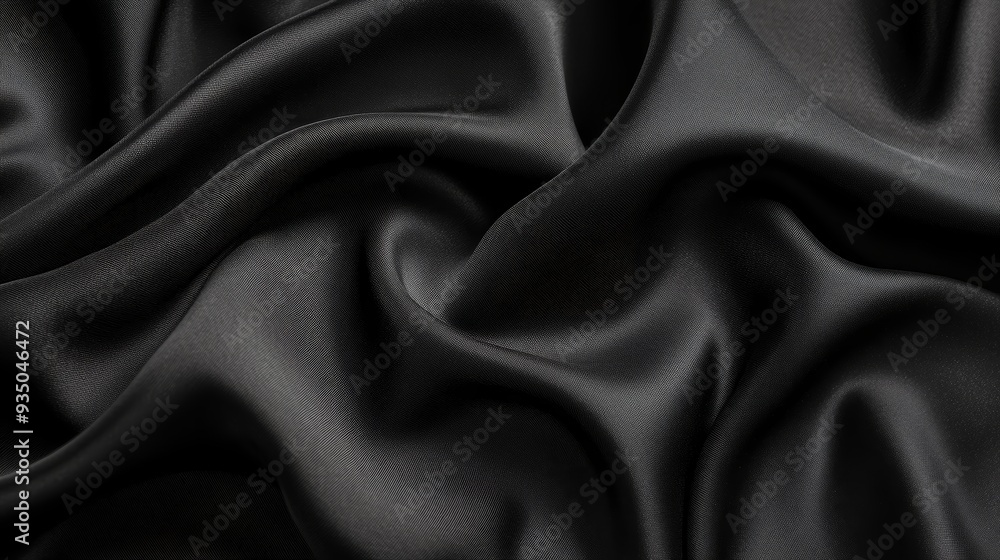 Fototapeta premium Elegant black satin fabric drapes smoothly, creating a luxurious and sophisticated texture ideal for backgrounds and designs.