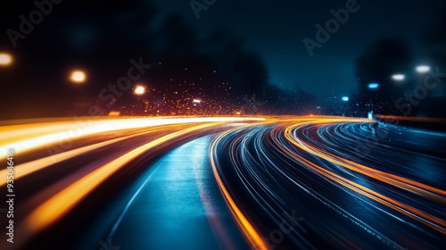 Dynamic night scene showing vibrant light trails from moving vehicles on a wet road, creating a sense of motion and energy.