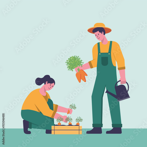 Couple of farmers woman with wooden box full of fresh raw carrots and man holding water can. Farming, gardening, agriculture and harvesting concept.