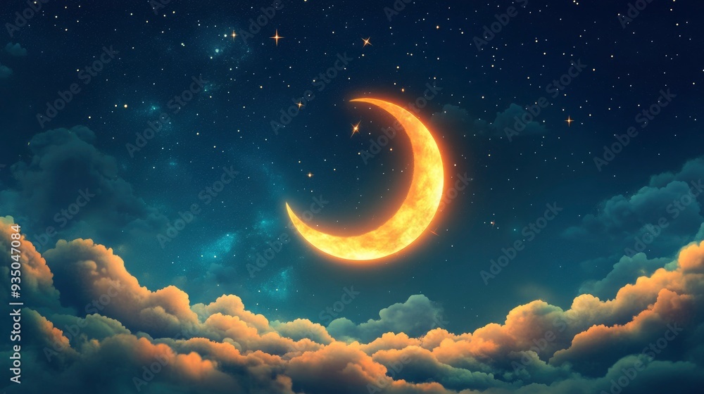 Banner Of Bright Glowing Crescent Moon Above Fluffy Clouds With Starry Sky Background with generative ai Banner Of Bright Glowing Crescent Moon Above Fluffy Clouds With Starry Sky Background with generative ai